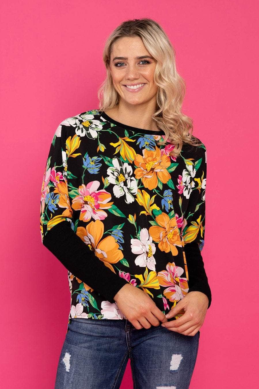 black based floral print top