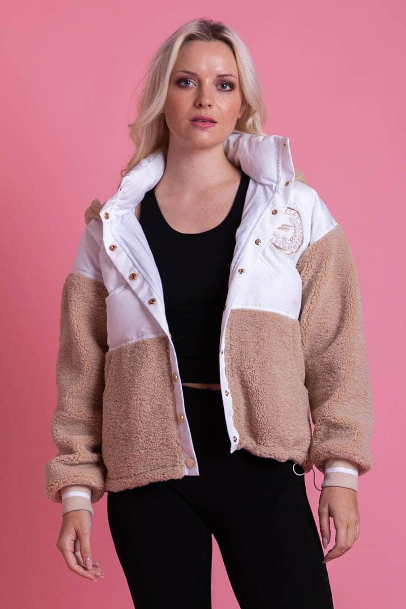 white beige sherpa puffer jacket