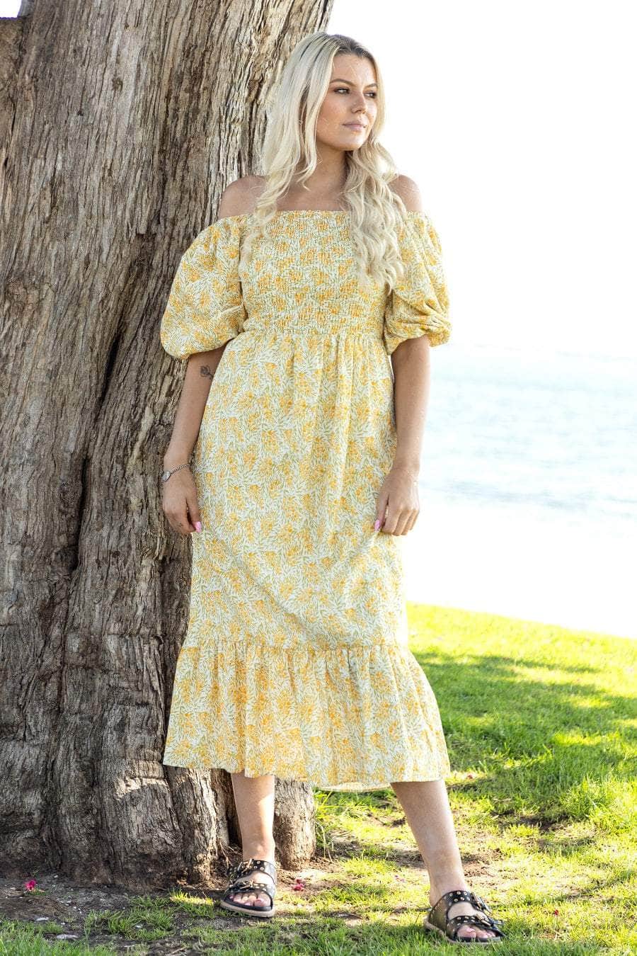 yellow floral print midi dress