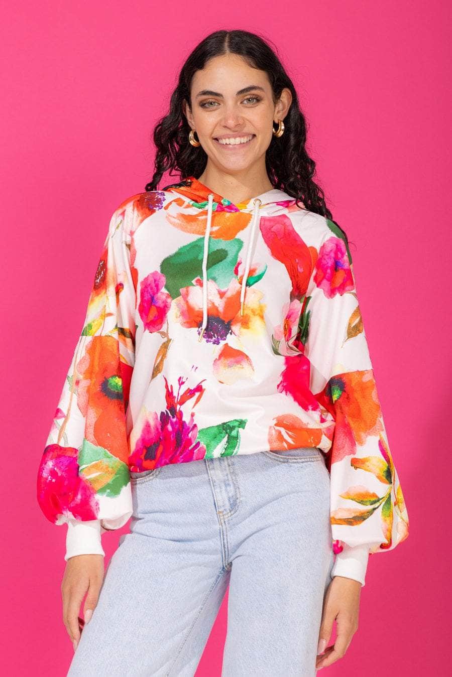 A white pink floral print hoodie ribbing cropped