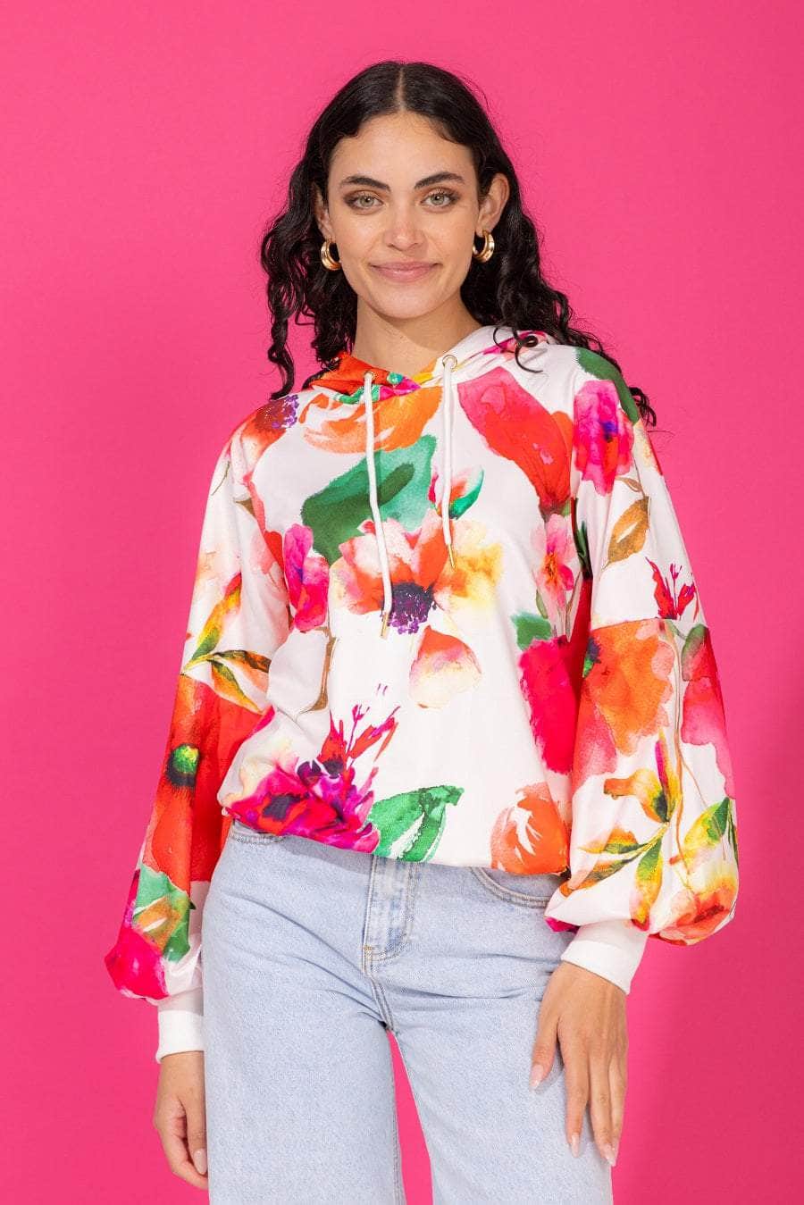 A white pink floral print hoodie ribbing cropped