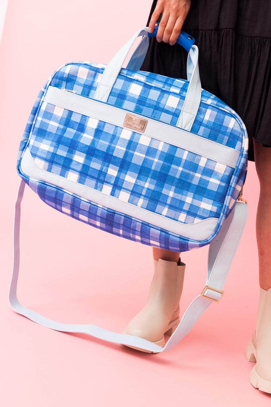 blue & white tartan print canvas overnight bag
