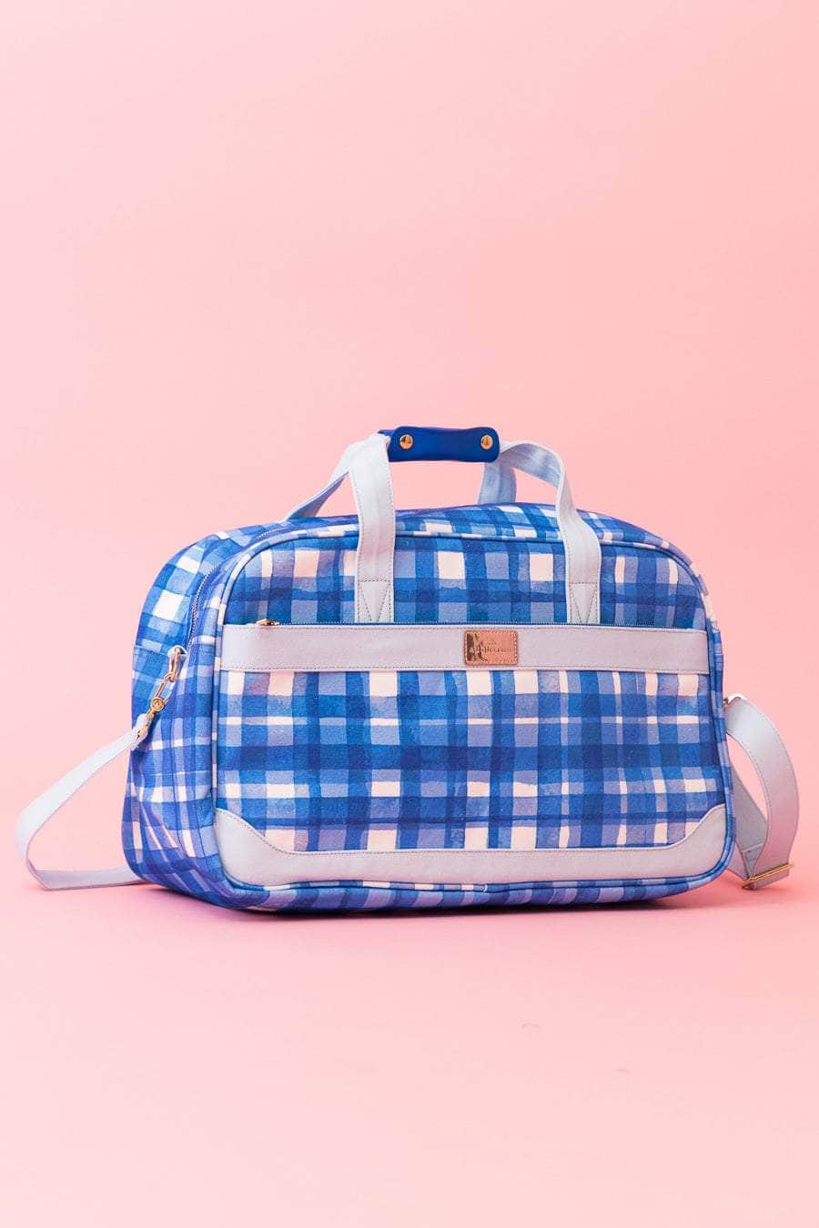 blue & white tartan print canvas overnight bag