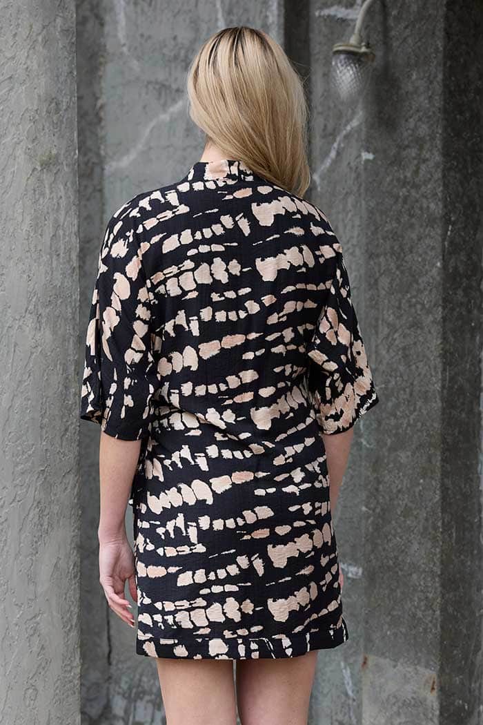 Aurora Wrap Mini Dress Black Beige Print 3