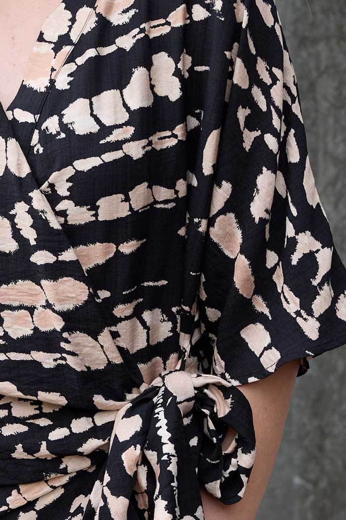 Aurora Wrap Mini Dress Black Beige Print 4