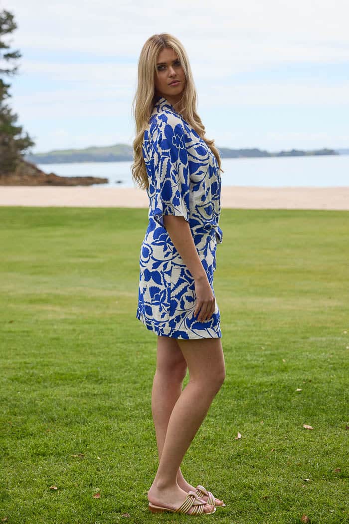 Aurora Wrap Mini Dress Blue Print 2