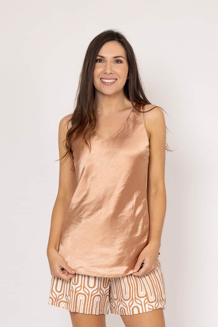 Renee V Neck Top Satin Caramel 5