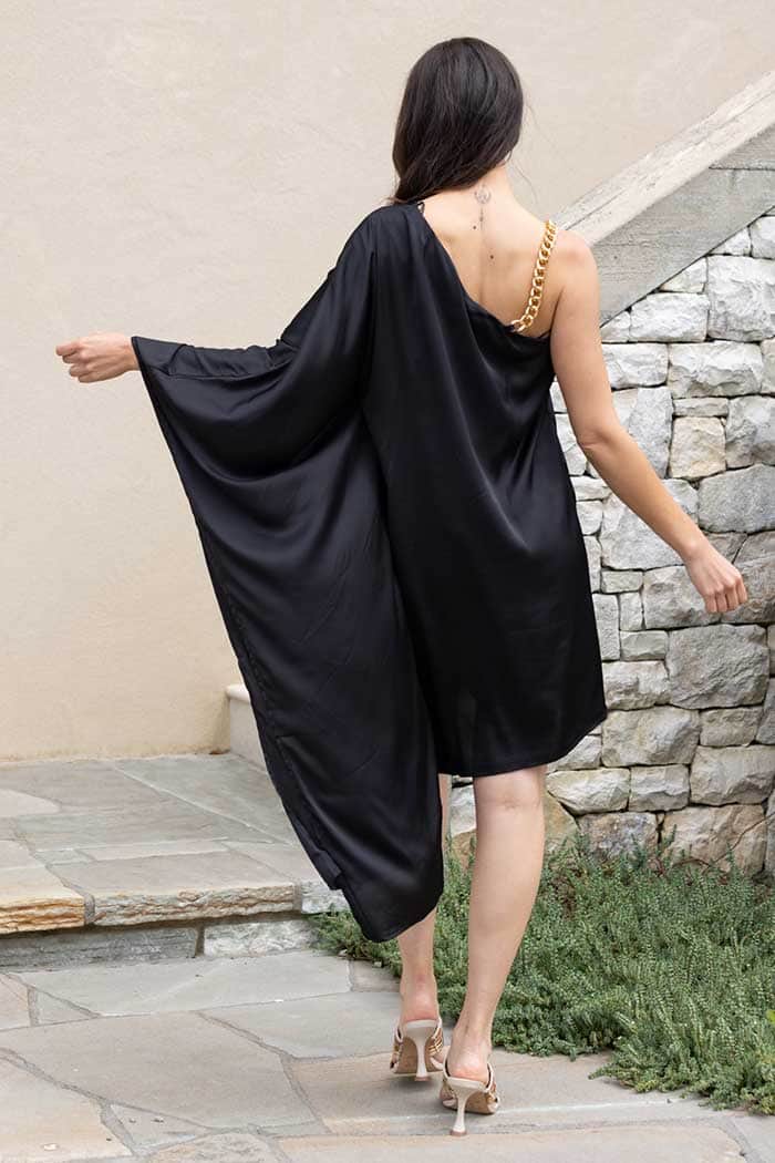 Anna Satin One Shoulder Chain Dress Black 3