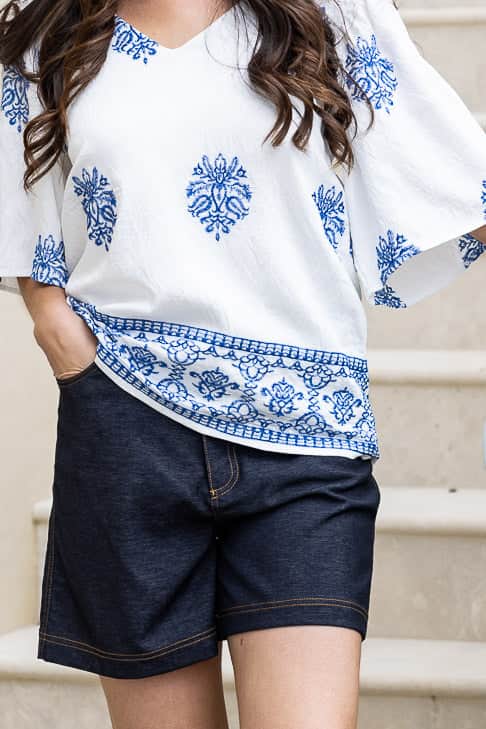 Louise Embroidered V Neck Top White Blue 4