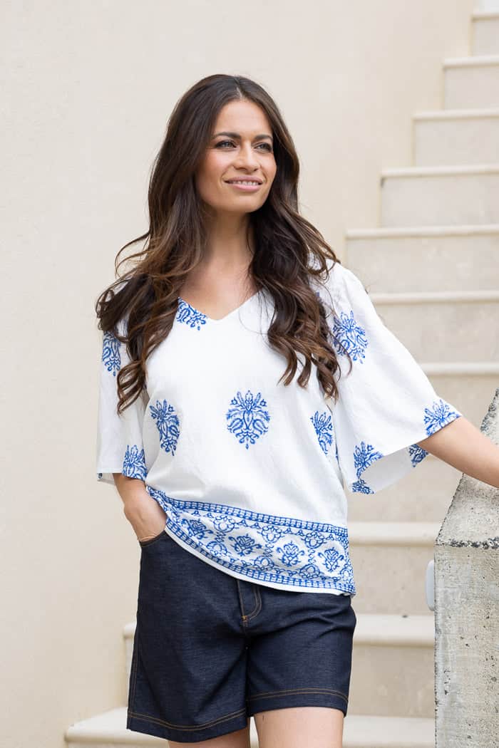 Louise Embroidered V Neck Top White Blue