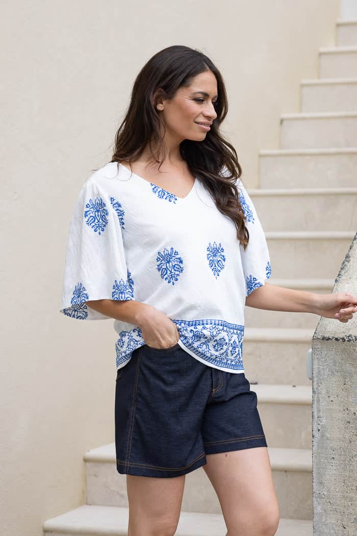 Louise Embroidered V Neck Top White Blue 2