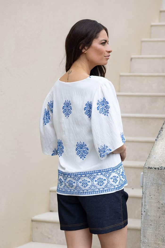 Louise Embroidered V Neck Top White Blue 3