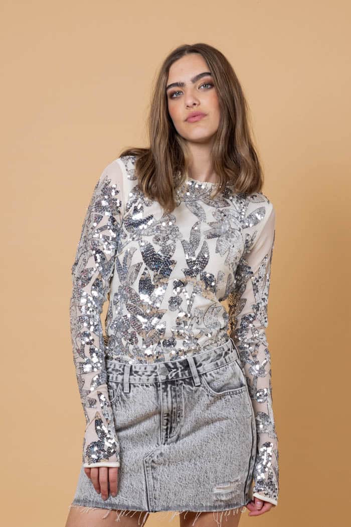 Corbett Sequin Long Sleeve Top Cream Silver 4