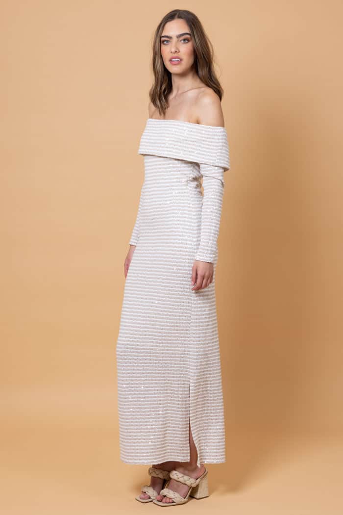 Pepe Off The Shoulder Sequin Maxi Dress Beige Stripe 2