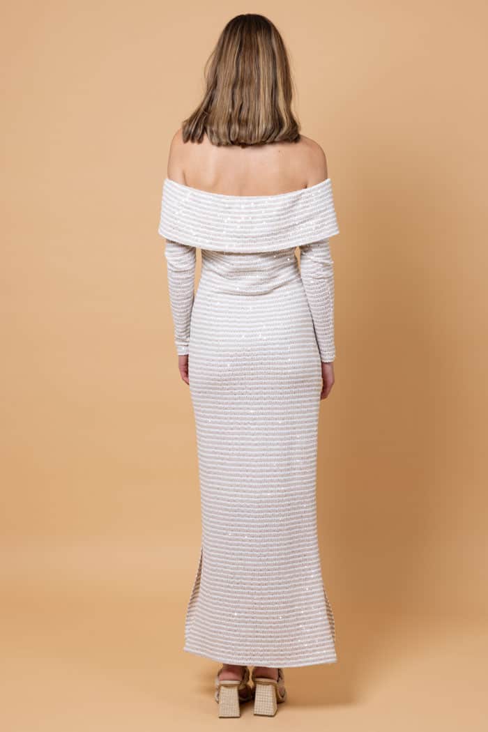 Pepe Off The Shoulder Sequin Maxi Dress Beige Stripe 3