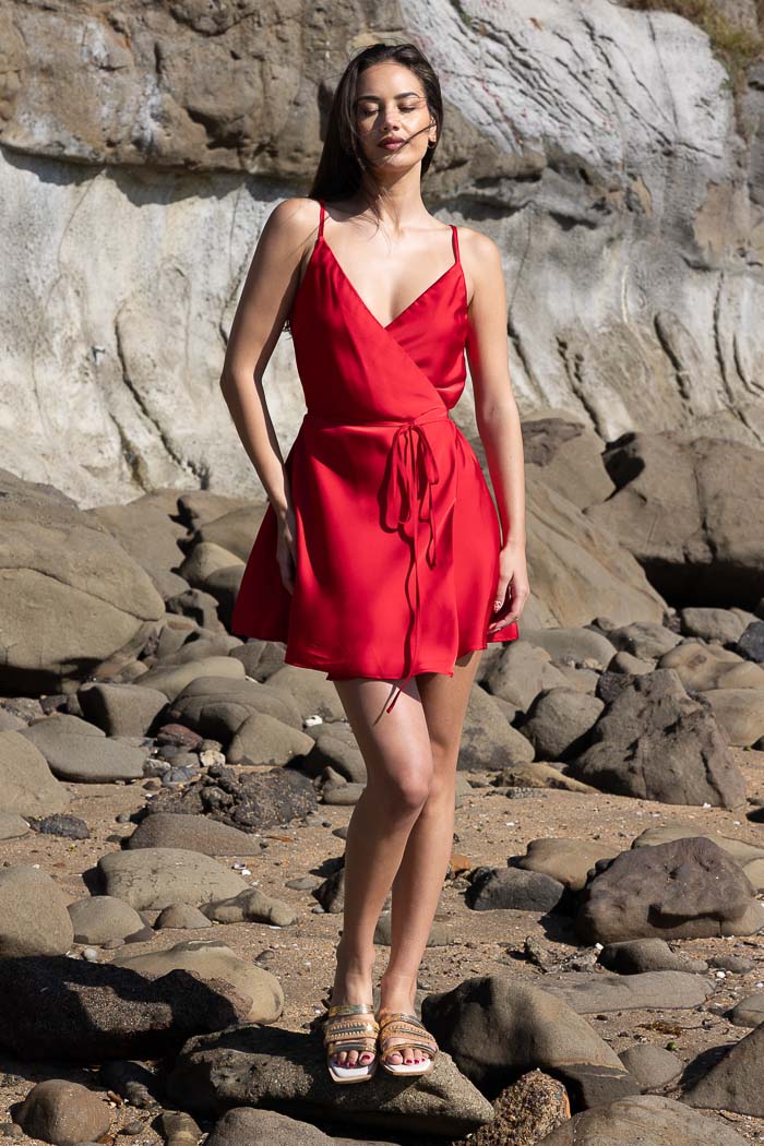 Red satin mini wrap dress