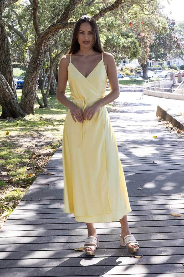 Yellow satin midi dress
