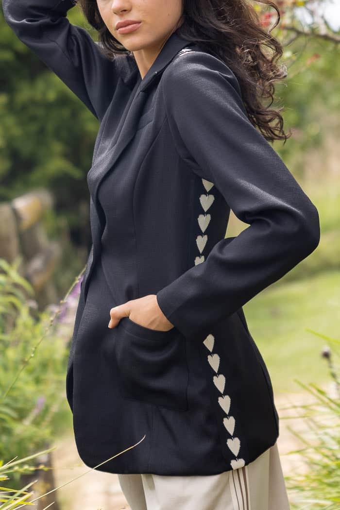 black blazer with heart side stripes