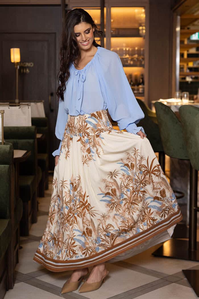 brown cream tropical print skirt
