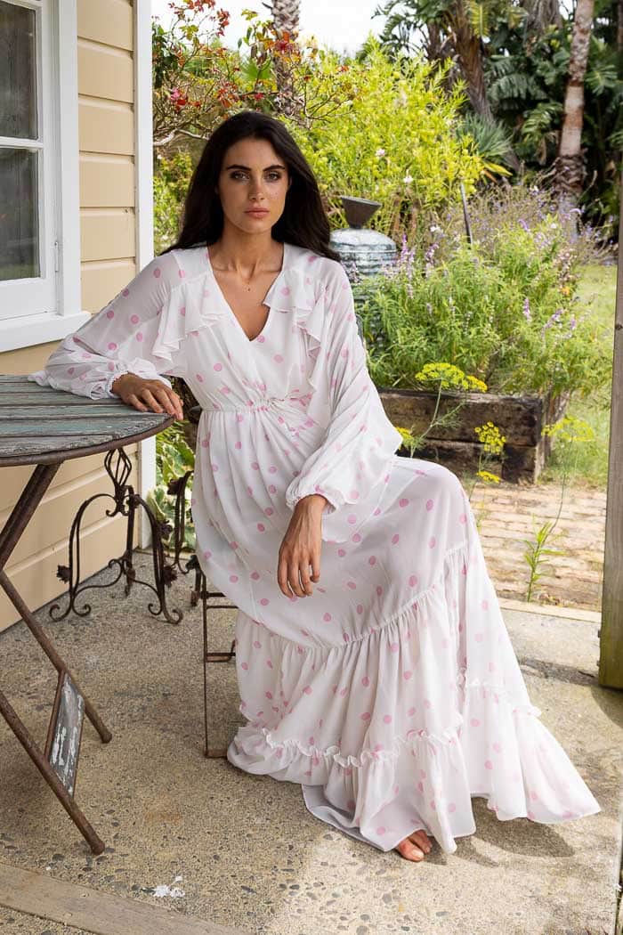 pink dot white maxi dress