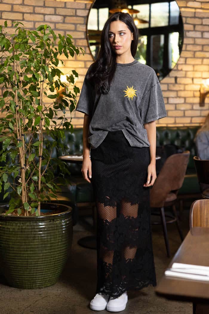 black floral mesh lace maxi skirt