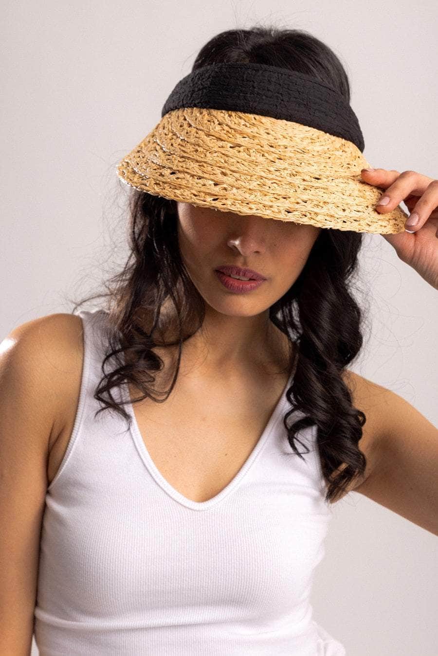 woven tan visor with black trim