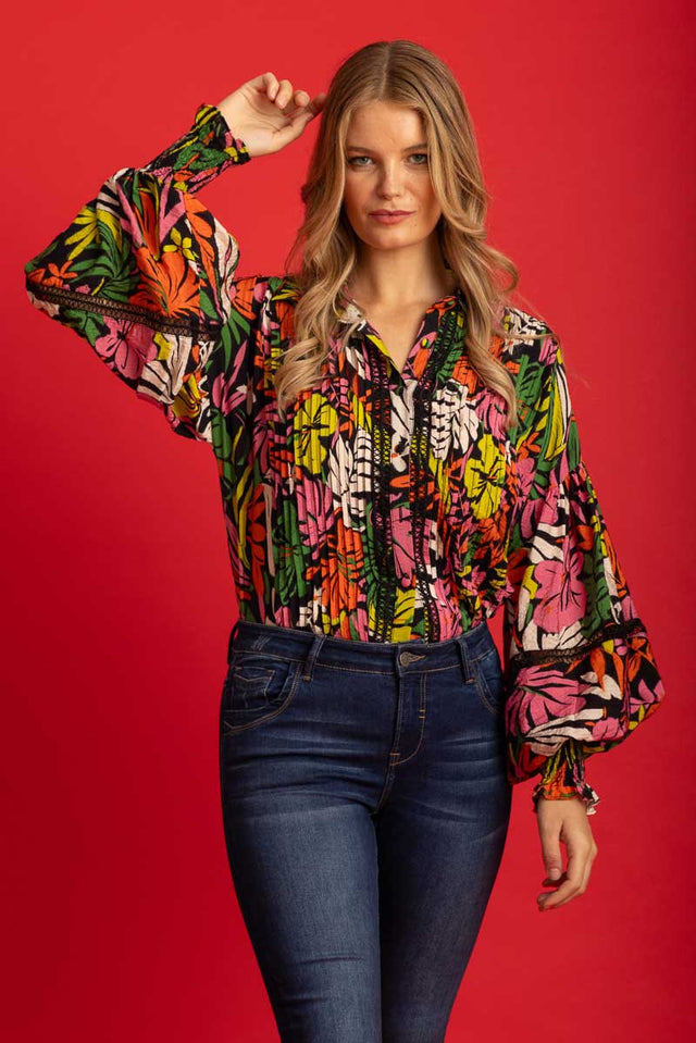 black yellow pink orange green floral pleated blouse shirt