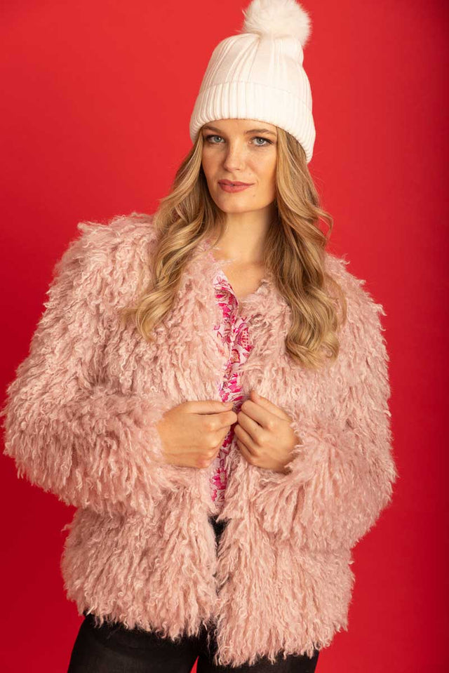 blush pink shaggy faux fur jacket