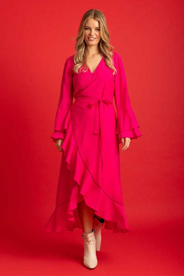 hot pink wrap style midi maxi dress