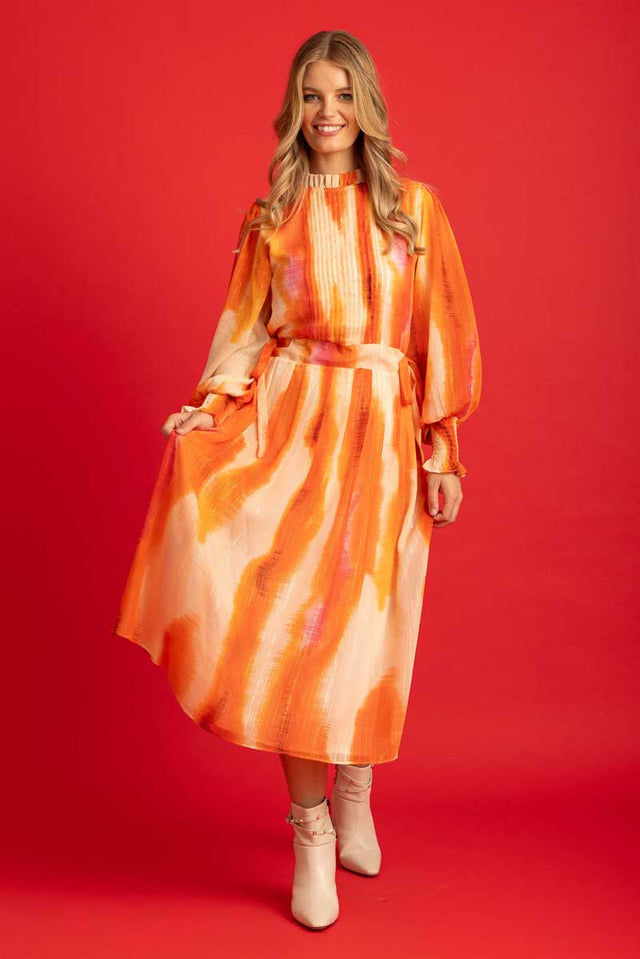 orange abstract print pintucked midi dress