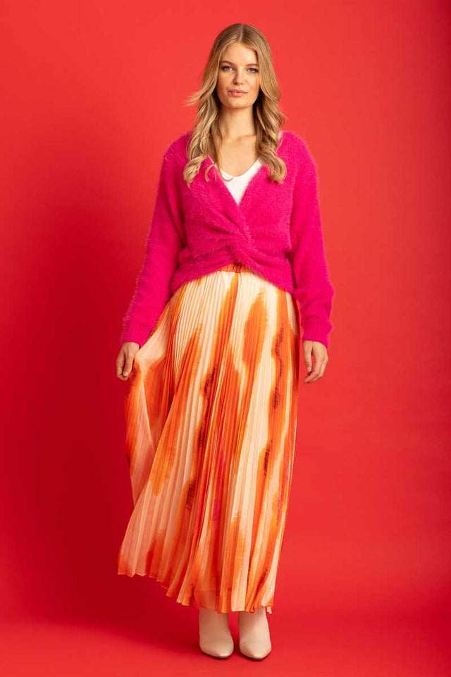 pleated orange abstract print maxi skirt