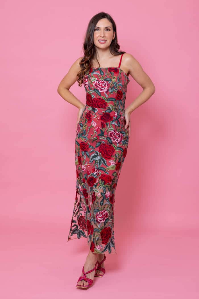 red floral mesh dress