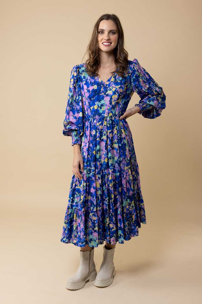 blue abstract midi dress