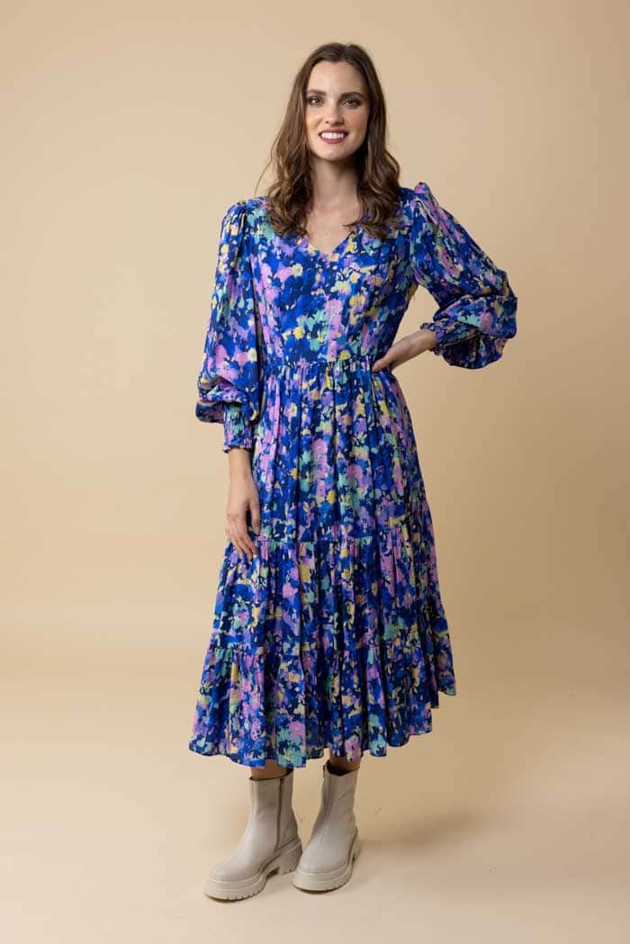 blue abstract midi dress