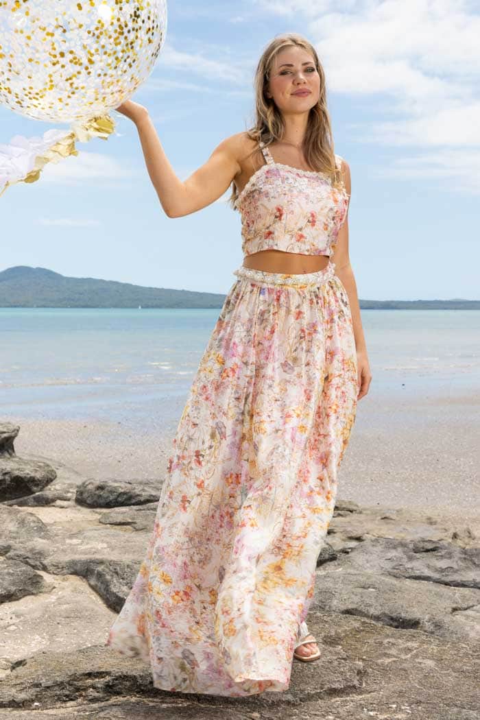 cream floral top skirt set