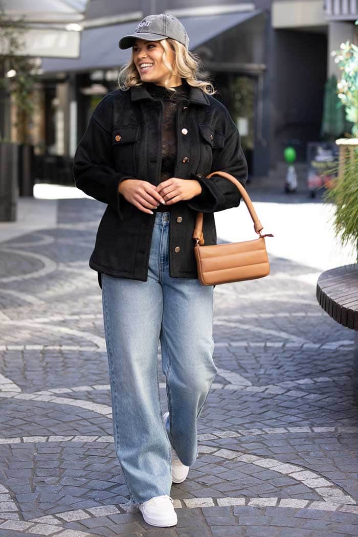 suede black shacket with gold button detail