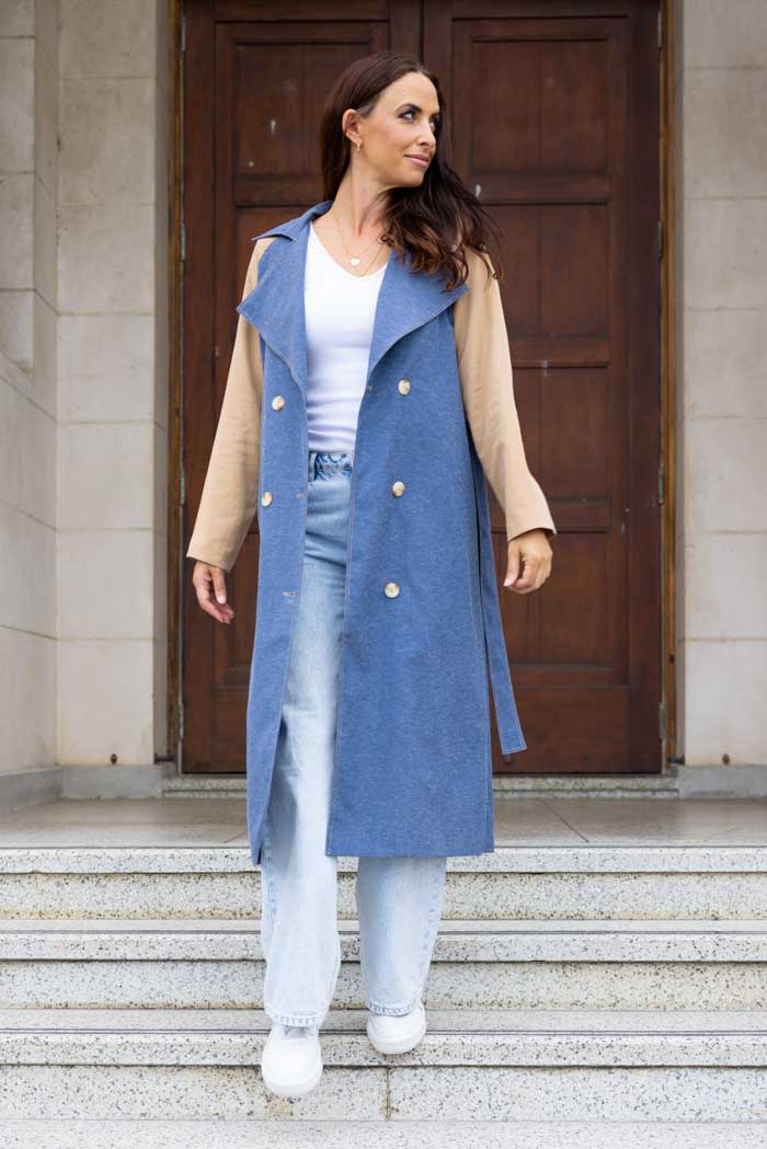 blue denim trench coat