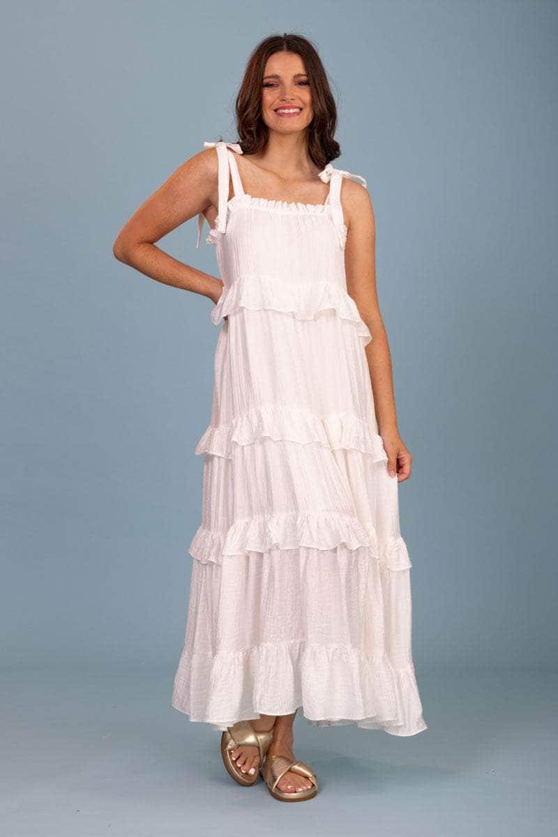 white frilly maxi dress