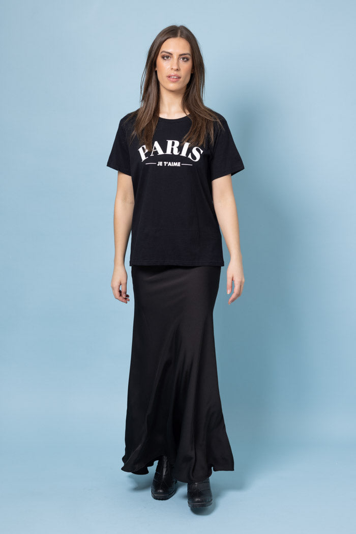 black bias-cut maxi skirt