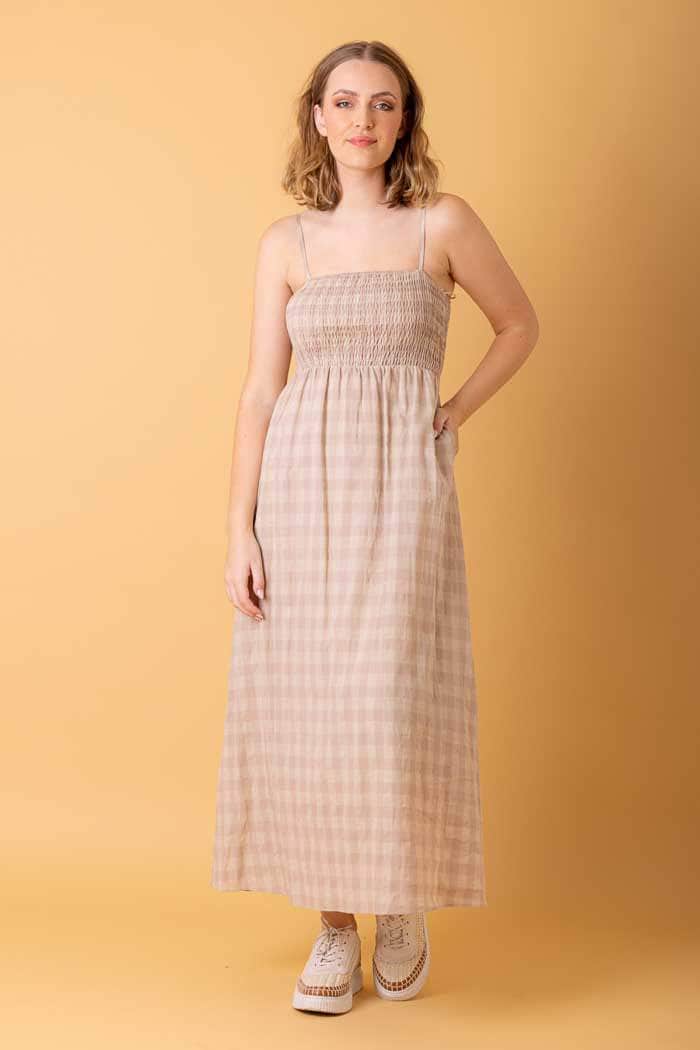 beige tartan maxi dress