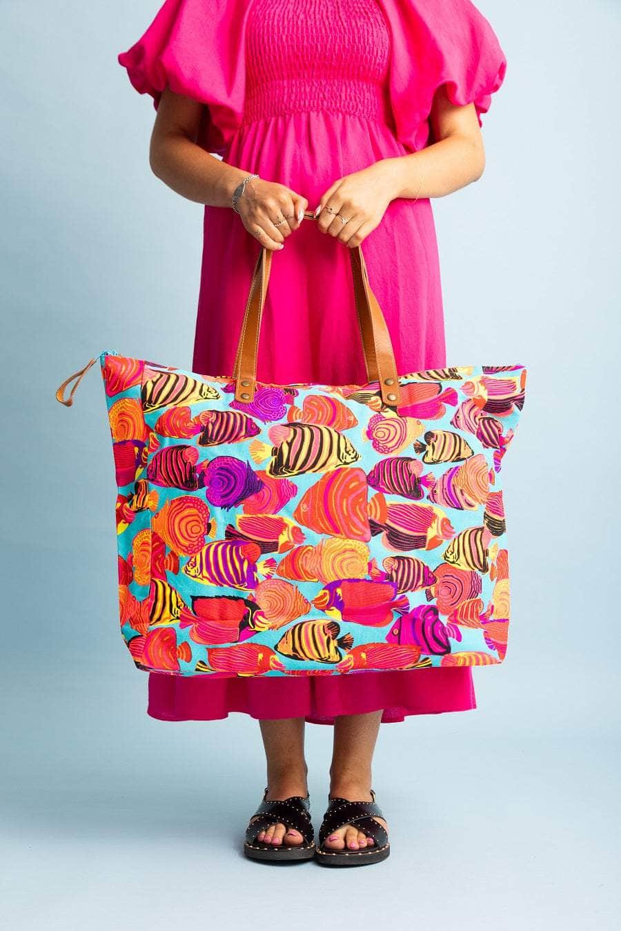 Large Fish printed cotton canvas beach bag