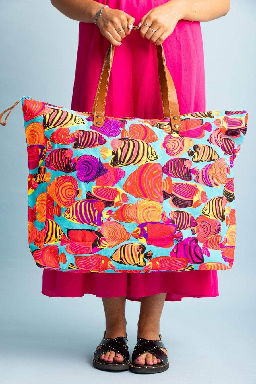 Large Fish printed cotton canvas beach bag