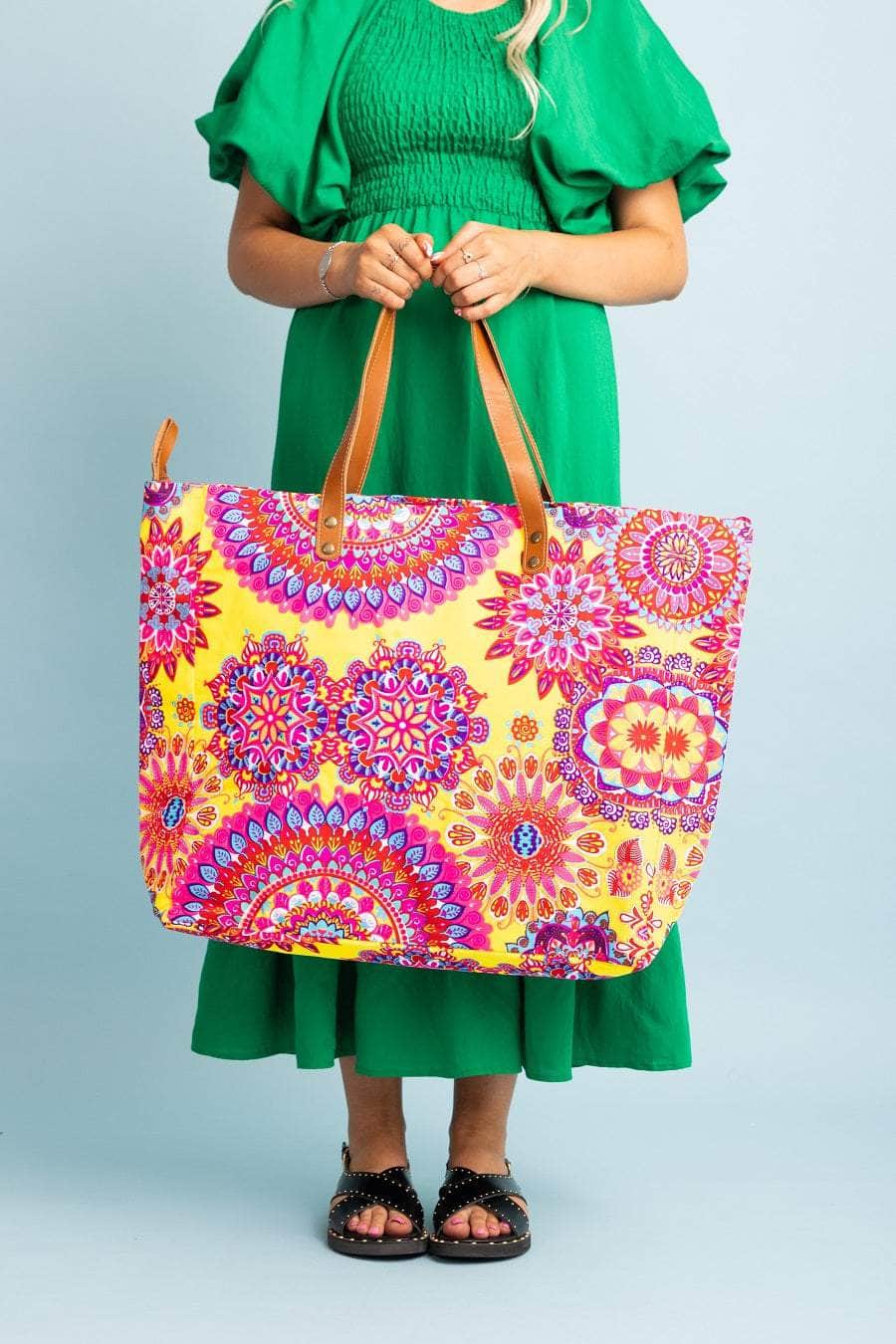 Large Yellow mandala print beach bag