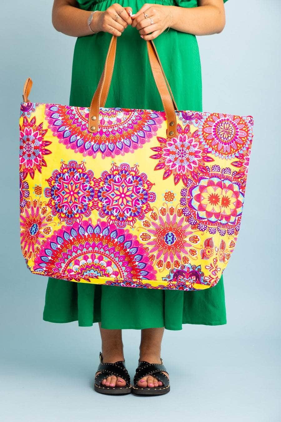 Large Yellow mandala print beach bag