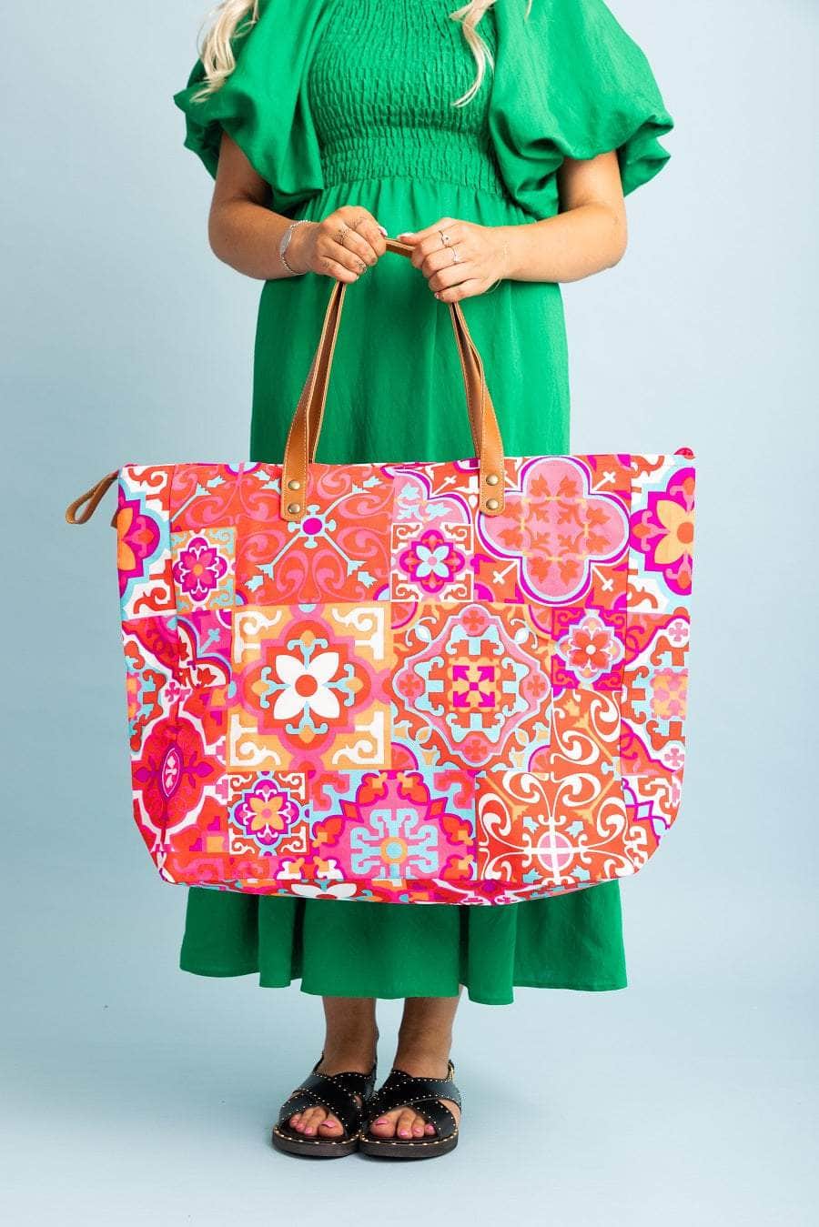 Large Cotton Canvas Pink printed beach bag