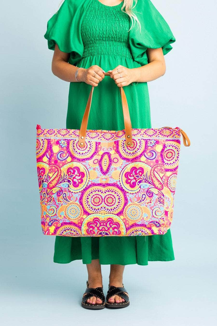 Large Pink abstracted printed canvas beach bag