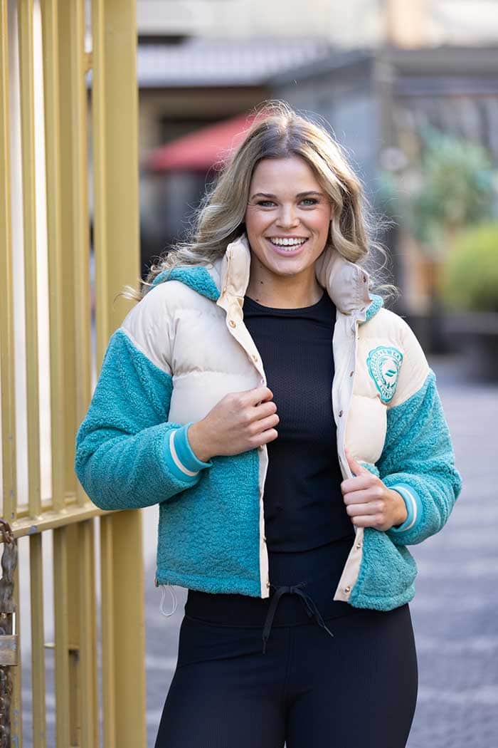 teal puffer teddy jacket