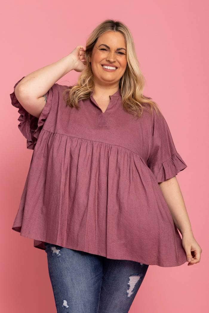 pink gathered top plus size