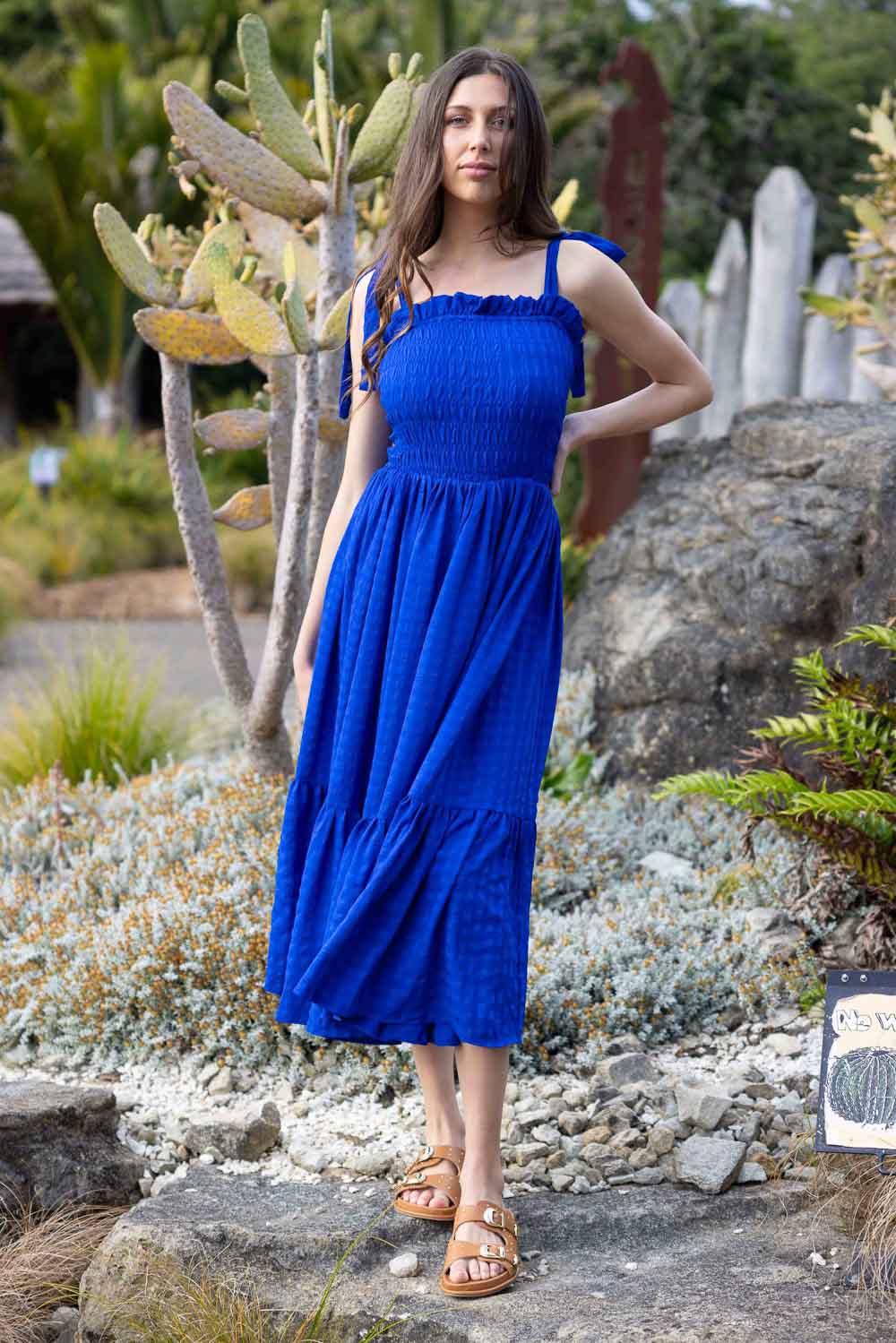 blue shirred midi dress
