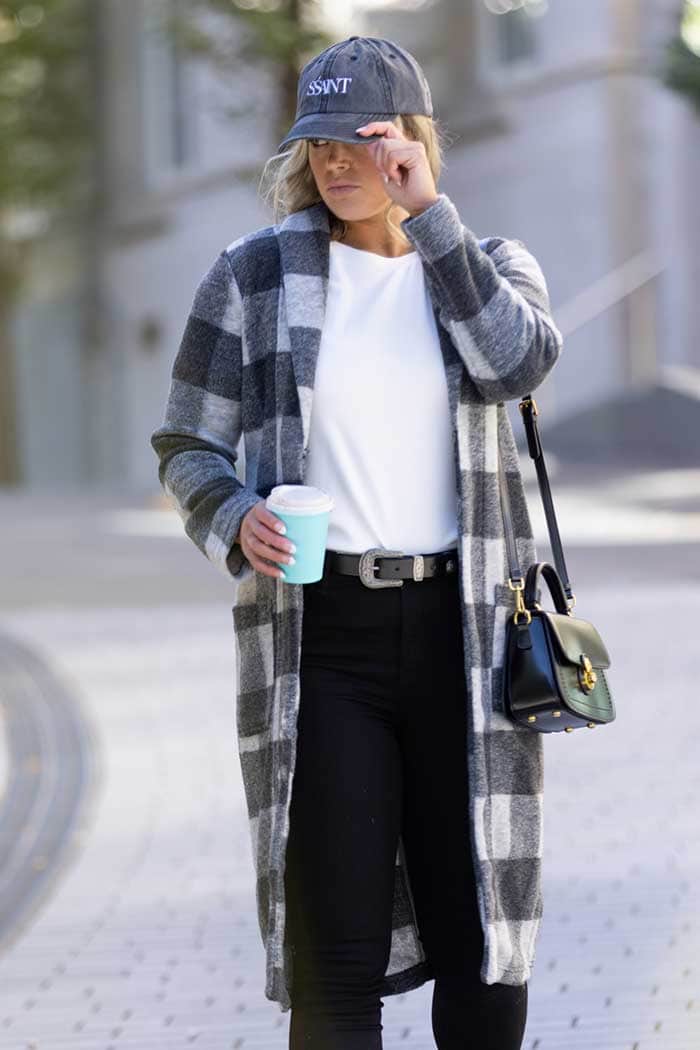 grey tartan cardigan coat